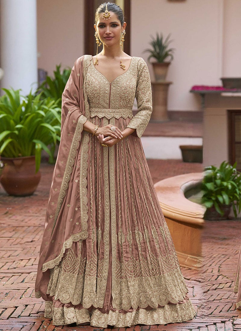 Rust Chinon Embroidered Sequins With Mirror Work Lehenga Set Wedding Wear