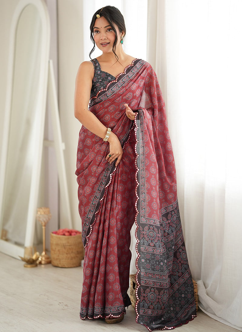 Rust Chinon Mirror Work Printed Saree After Six Wear
