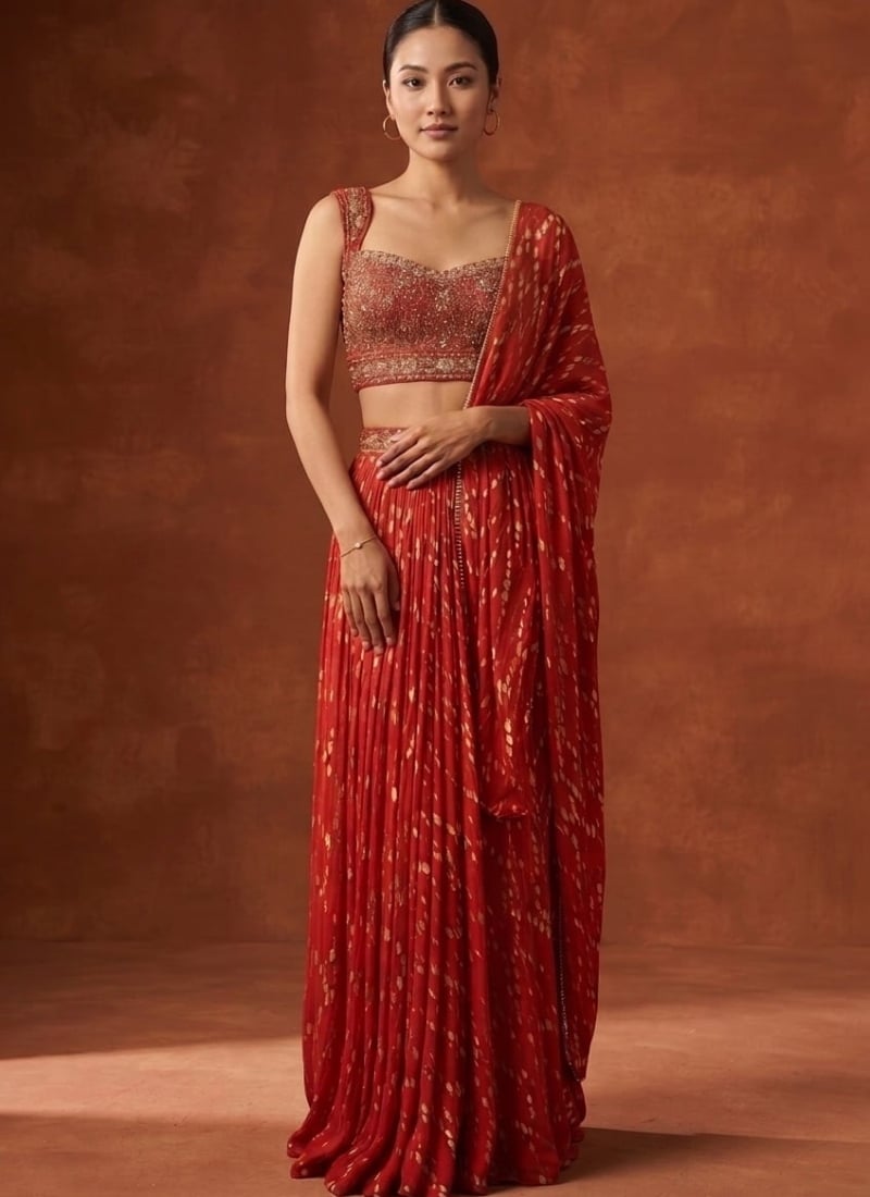 Rust Chinon Silk Digital Print Sequins Cutdana Hand Embroidered A Line Lehenga Wedding Wear