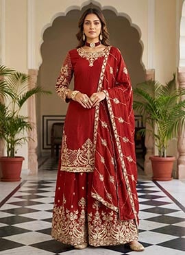 Rust Chinon Silk Embroidered Sequins Zari Palazzo Suit