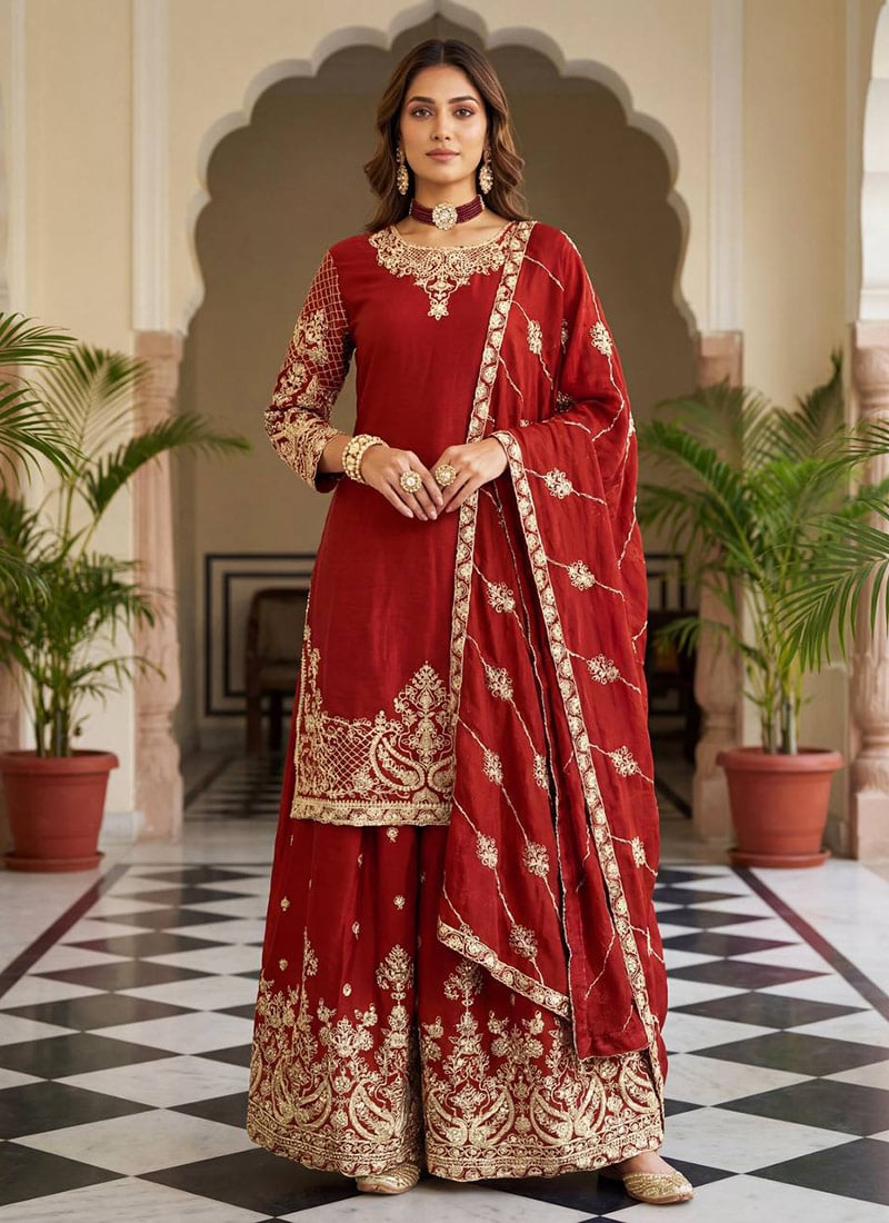 Rust Chinon Silk Embroidered Sequins Zari Palazzo Suit Festive Wear