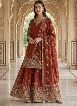 Rust Chinon Silk Zari Embroidered Sequins Palazzo Suit