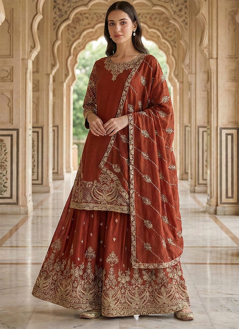 Rust Chinon Silk Zari Embroidered Sequins Palazzo Suit Festive Wear