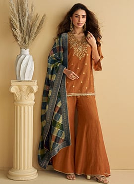 Rust Chinon Zari Embroidered Beads Sequins Printed Palazzo Suit Festive Wear