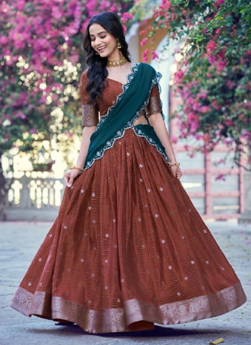 Rust Chinon Zari Lehenga Choli Festive Wear