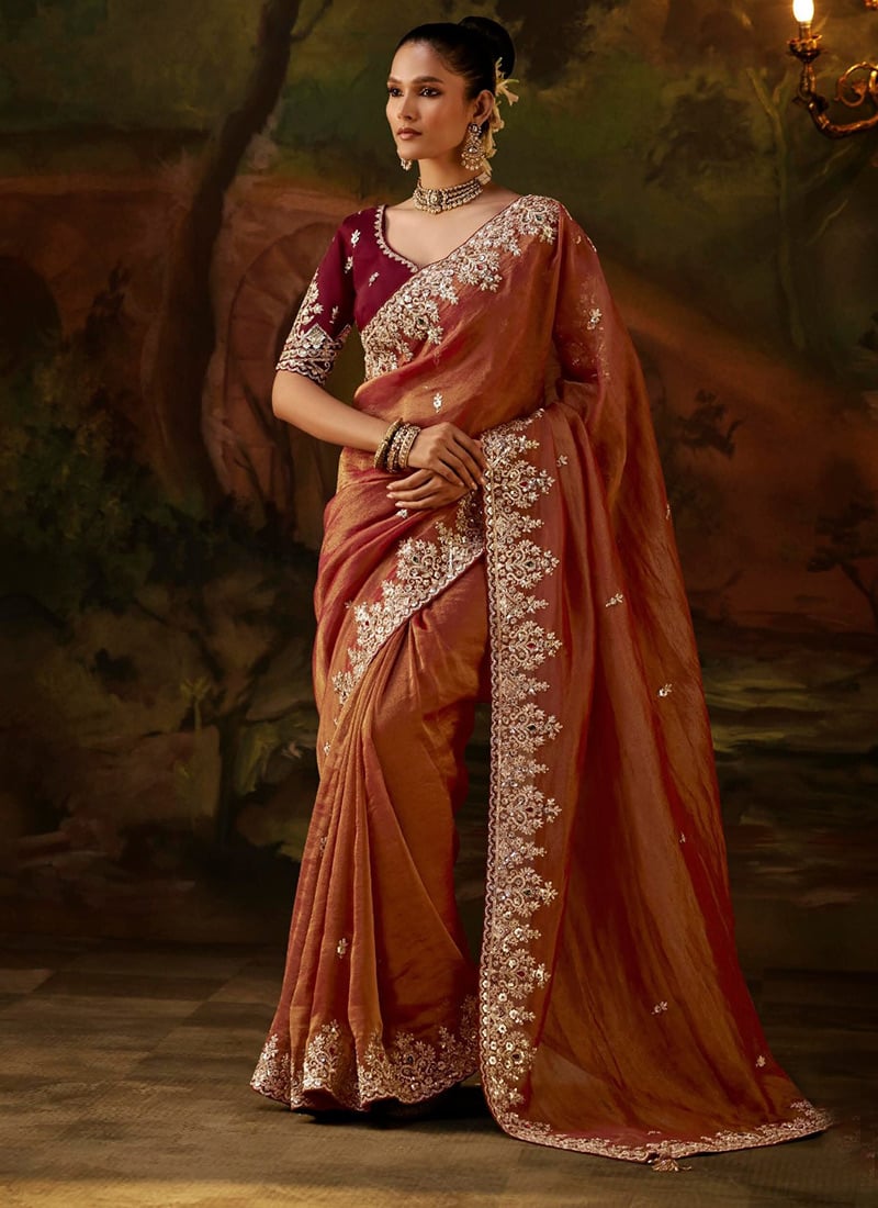 Rust Copper Viscose Zari Tissue Heavy Embroidered Sequins Stone Saree Wedding Wear
