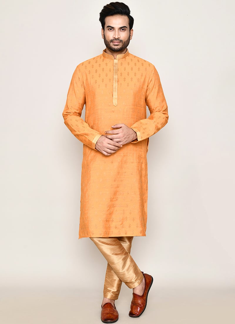 Rust Cotton Silk Jacquard Kurta Pyjama