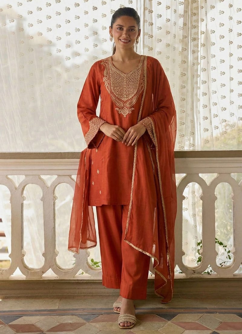 Rust Cotton Silk Zari Embroidered Sequins A Line Short Kurti Straight Pant Suit Festive Wear