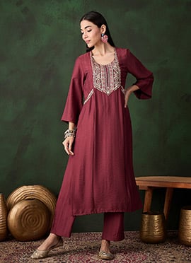 Rust Cotton Zari Embroidered Kurta Straight Pant Suit
