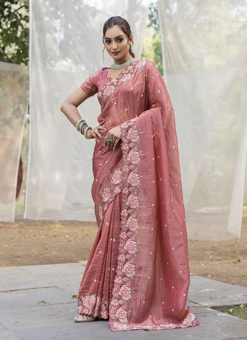 Rust Crush Silk Embroidered Cut Work Saree