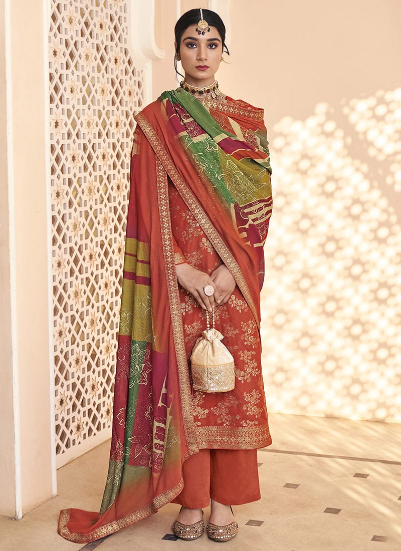Rust Dola Silk Jacquard Embroidered Sequins Straight Pant Suit Festive Wear