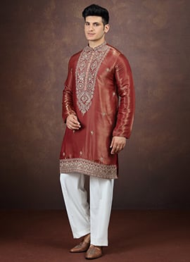 Rust Embroidered Sequined Silk Kurta Pyjama