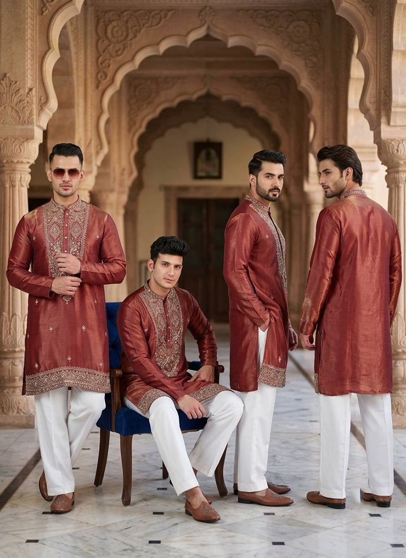 Rust Embroidered Sequined Silk Kurta Pyjama Festive Wear