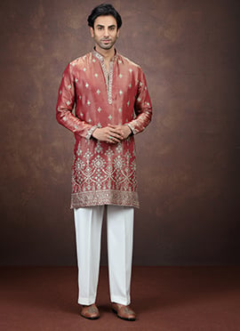 Rust Embroidered Sequined Silk Kurta Pyjama