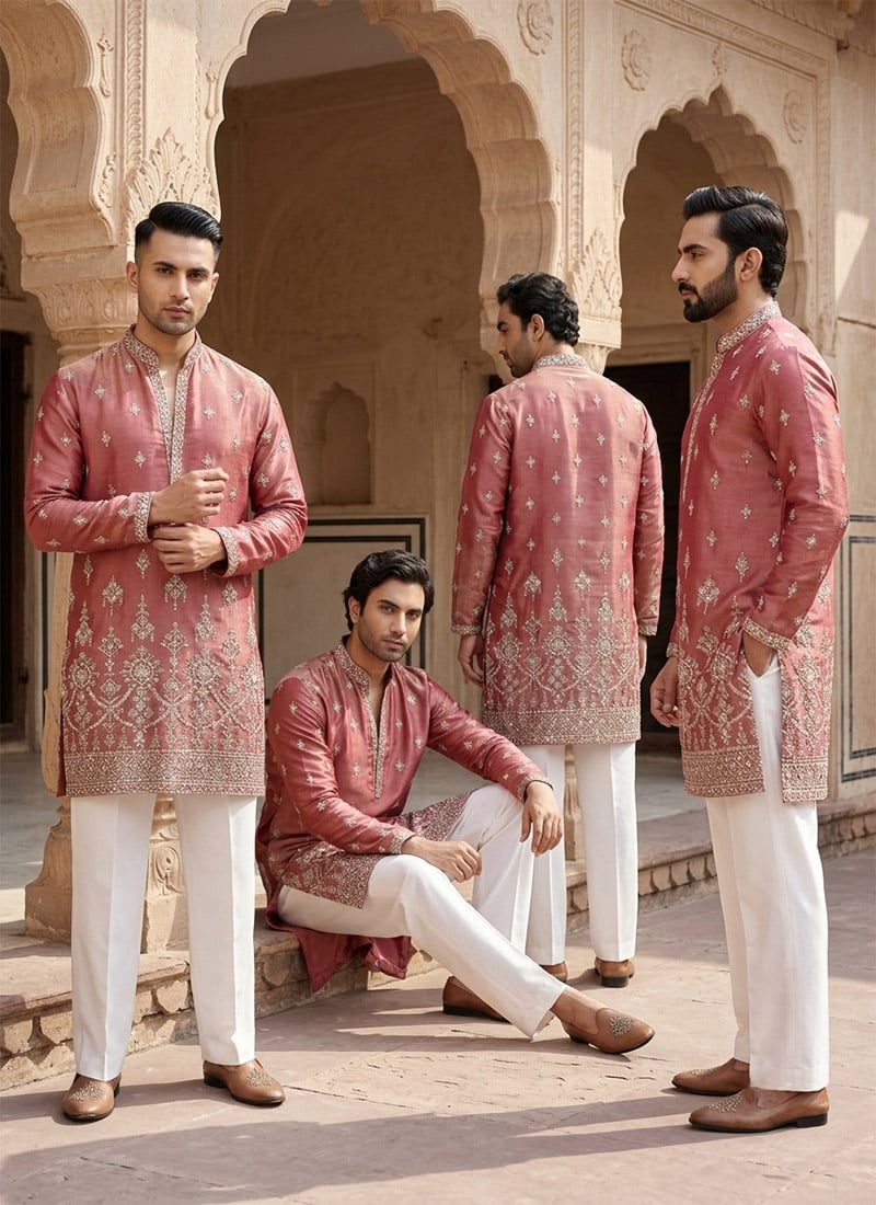 Rust Embroidered Sequined Silk Kurta Pyjama Festive Wear