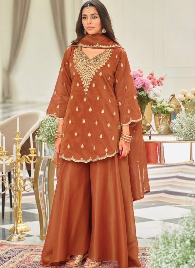 Rust Embroidered Sequins Silk Palazzo Suit Festive Wear