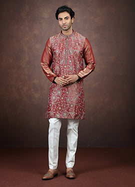 Rust Embroidered Silk Kurta Pyjama