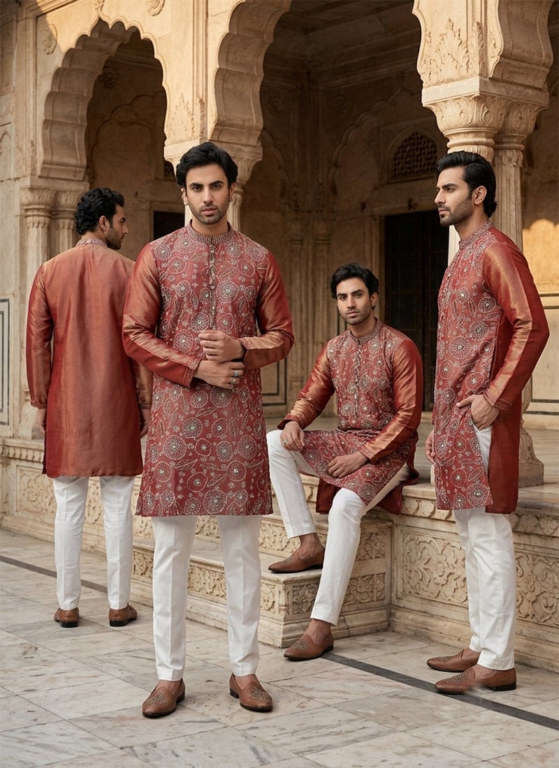 Rust Embroidered Silk Kurta Pyjama Festive Wear