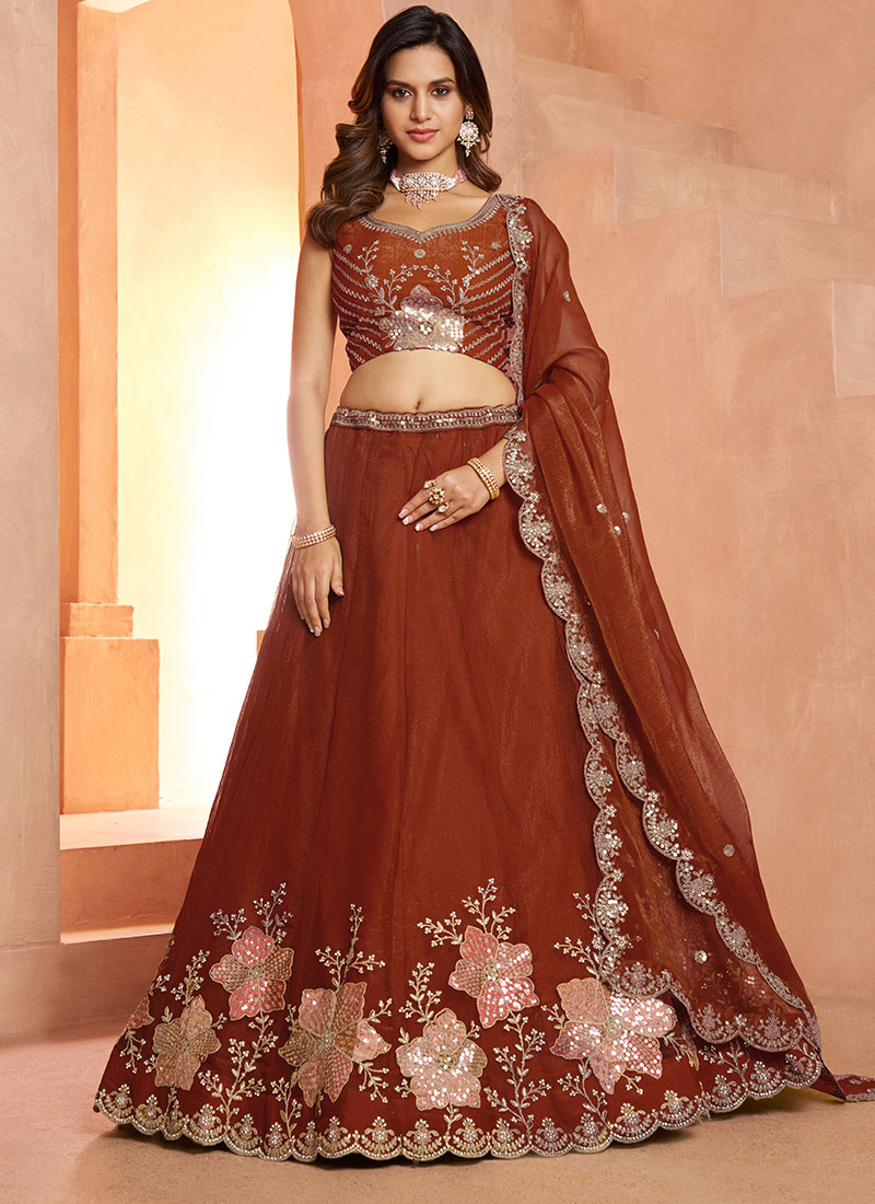Rust Fandy Silk  Bead And Sequins Embroidered Lehenga Wedding Wear