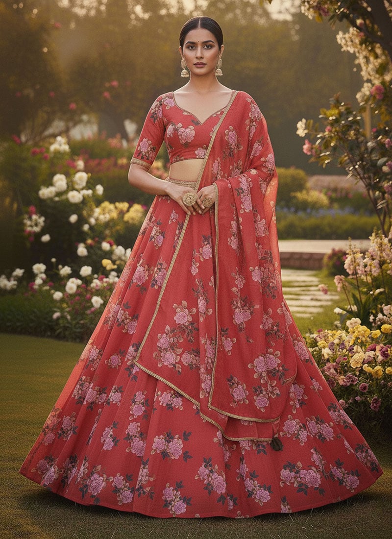 Rust Faux Georgette Printed Lehenga Festive Wear