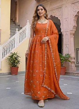 Rust Fendy Silk Embroidered Sequins Zari Anarkali Suit