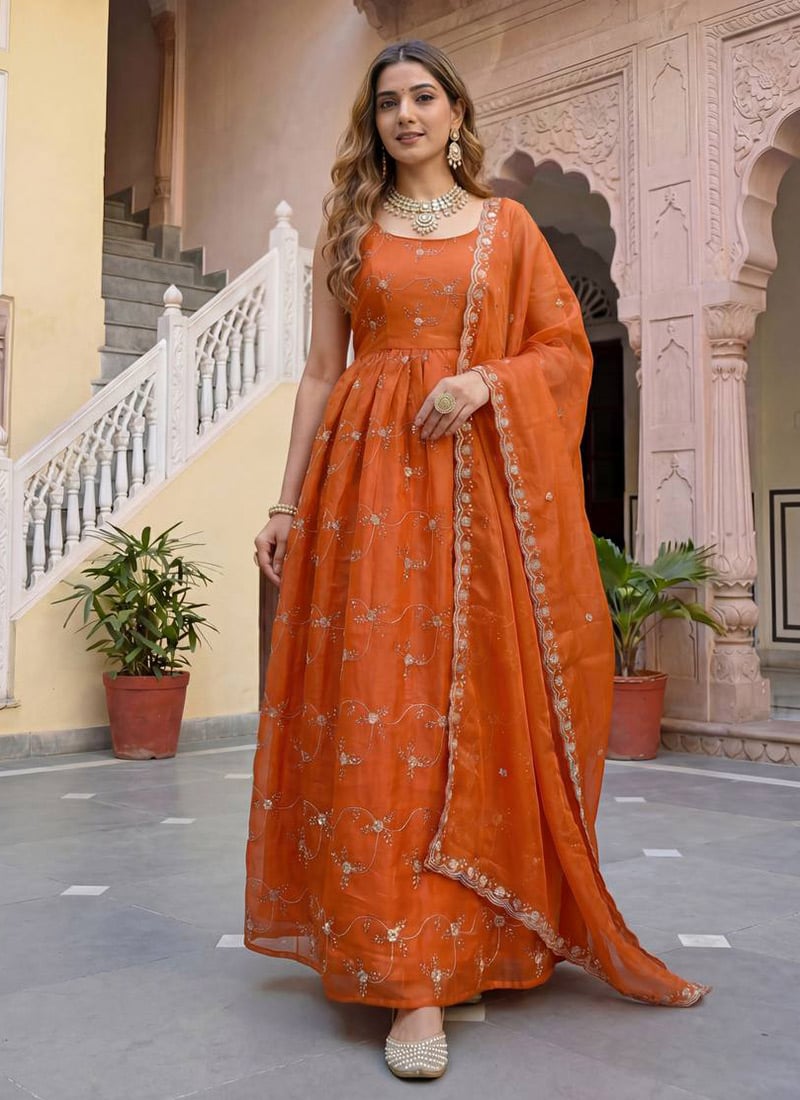 Rust Fendy Silk Embroidered Sequins Zari Anarkali Suit Festive Wear