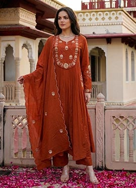 Rust Floral Embroidered Chanderi Silk Straight Pant Suit