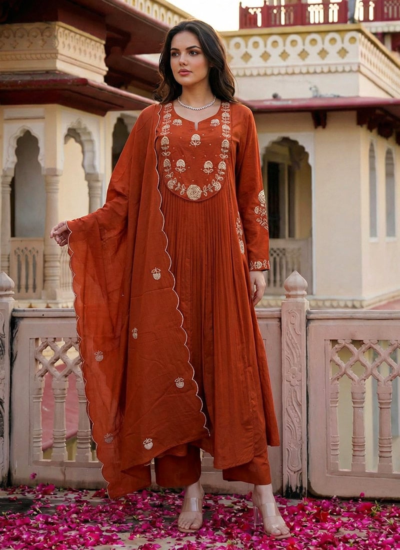 Rust Floral Embroidered Chanderi Silk Straight Pant Suit Festive Wear