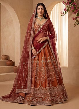 Rust Gadhwal Silk Hand Embroidered Sequins Lehenga