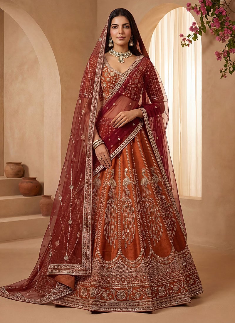 Rust Gadhwal Silk Hand Embroidered Sequins Lehenga Wedding Wear