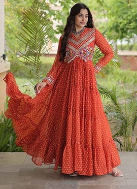 Rust Georgette Bandhani Kutchi Patch Navratri Gown