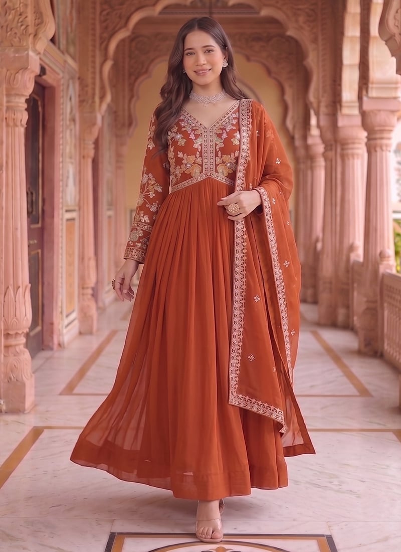 Rust Georgette Embroidered Anarkali Suit After Six Wear