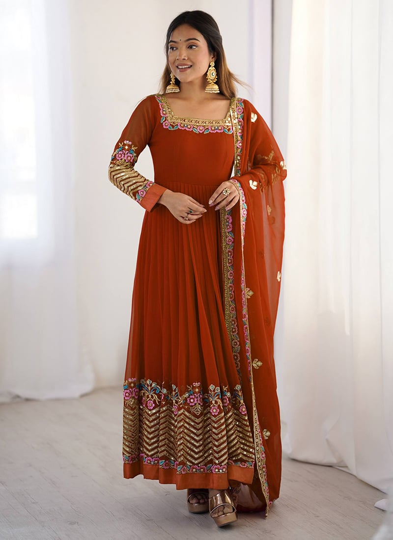 Rust Georgette Embroidered Anarkali Suit Festive Wear