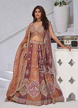 Rust Georgette Tissue Zari Embroidered Sequins With Stone Work Lehenga