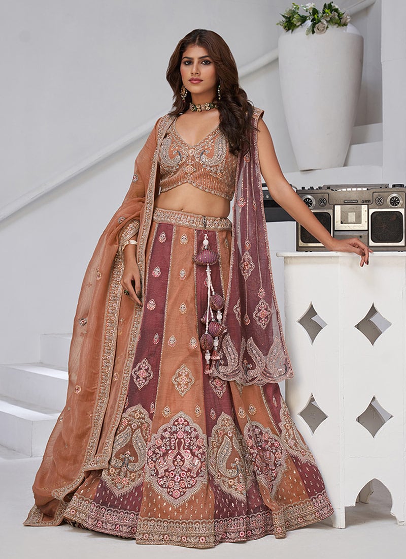 Rust Georgette Tissue Zari Embroidered Sequins With Stone Work Lehenga  Wedding Wear