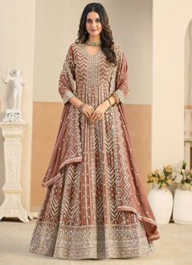 Rust Georgette Zari Embroidered Sequins Anarkali Suit