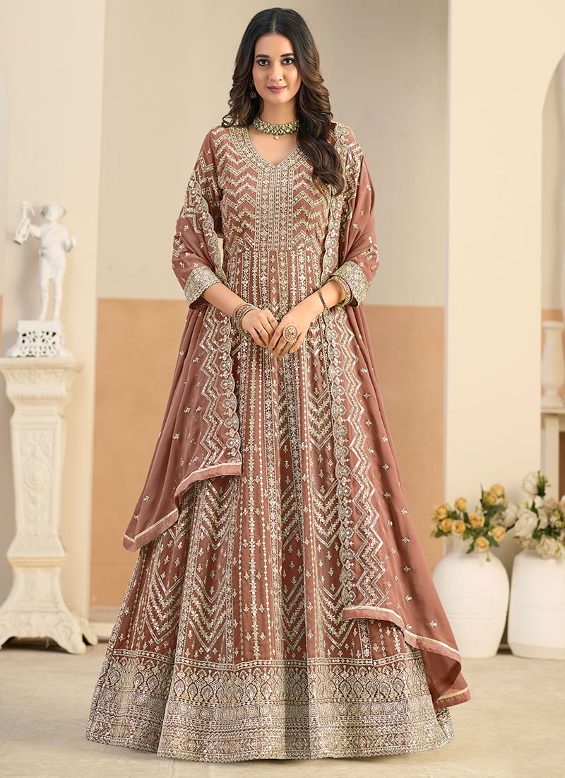 Rust Georgette Zari Embroidered Sequins Anarkali Suit Festive Wear