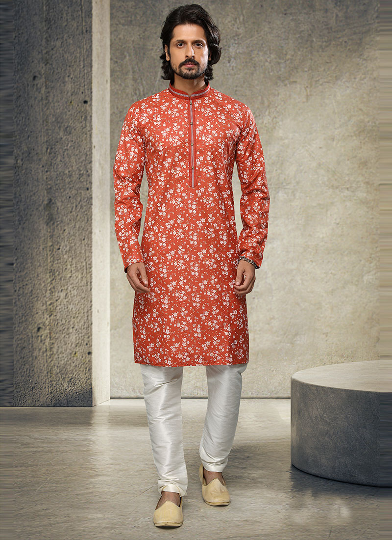 Rust Handloom Cotton Kurta Pyjama Party Wear