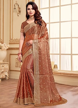 Rust Organza Zari Embroidered Sequins Saree
