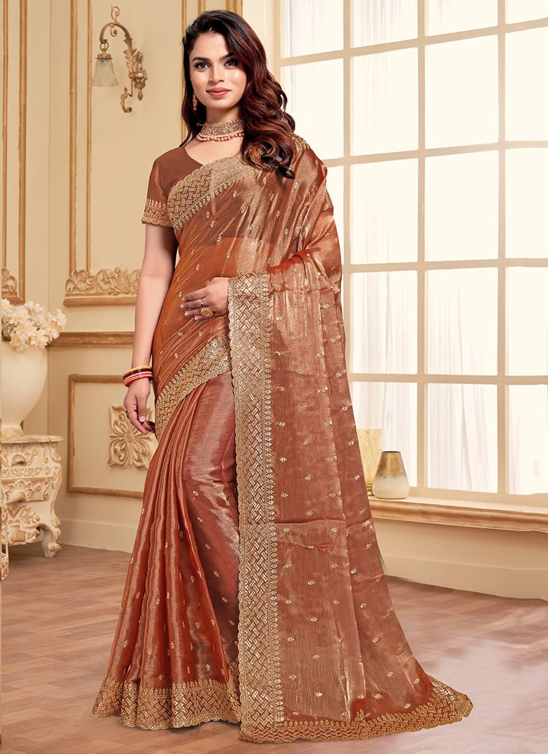 Rust Organza Zari Embroidered Sequins Saree Festive Wear-SASNF7830