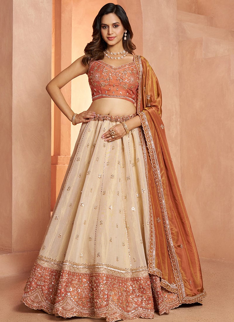 Rust Kanjivaram Tissue Hand Embroidered Lehenga Wedding Wear