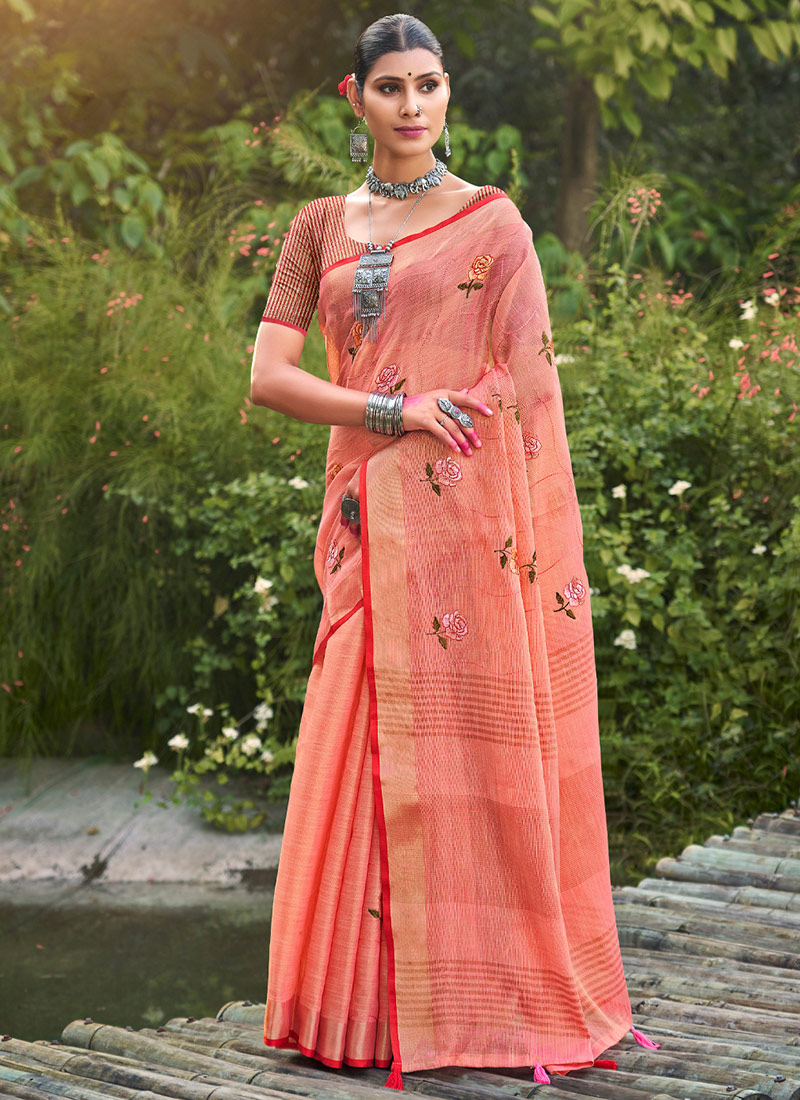 Buy Rust Linen Embroidered Saree Festive Wear Online at Best Price
