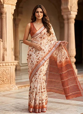 Rust Linen Floral Print Saree