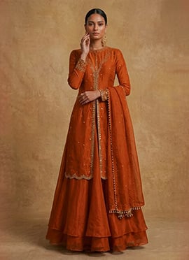 Rust Long Choli Lehenga Scalloped Silk Zari Sequins Hand Embroidered