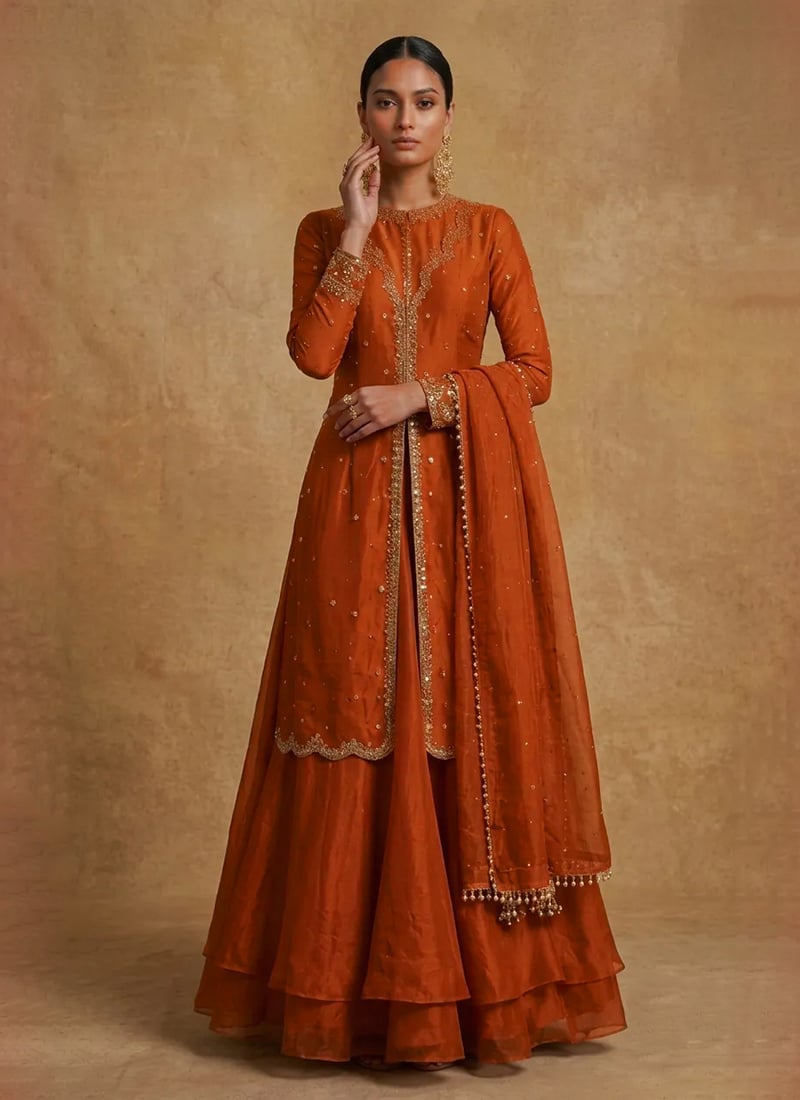 Rust Long Choli Lehenga Scalloped Silk Zari Sequins Hand Embroidered Wedding Wear