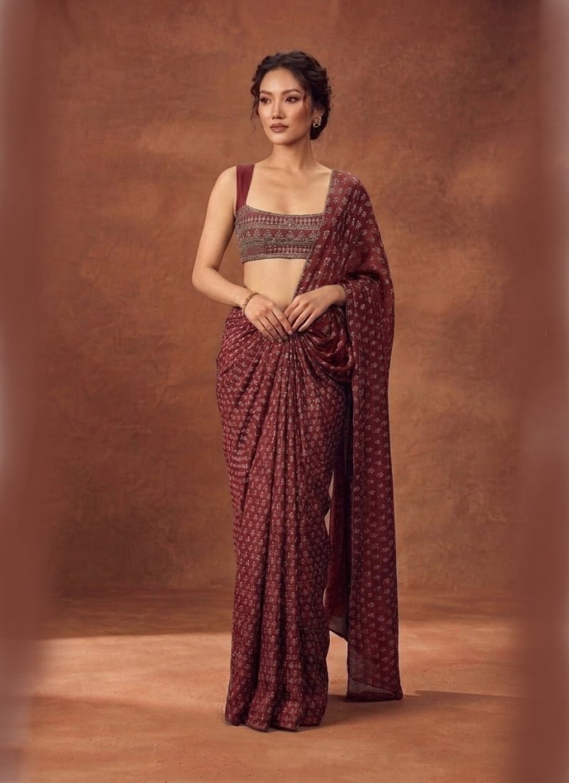 Rust Maroon Pre Draped Saree Digital Print Sequins Cutdana Hand Embroidered Chinon Silk Wedding Wear