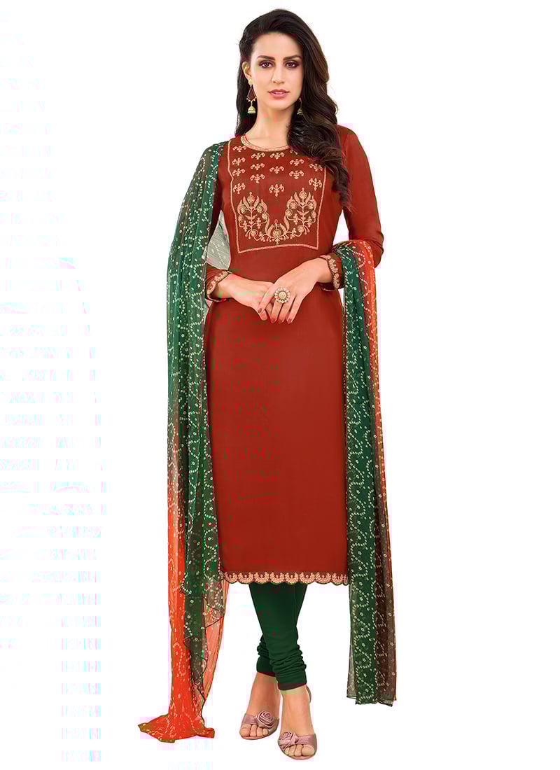 Rust Modal Chanderi Cotton Embroidered Churidar Suit Work Wear