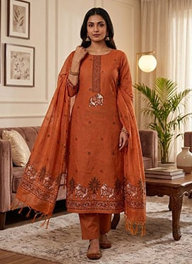 Rust Orange Banarasi Silk Jamdani Pichwai Weaving Straight Pant Suit