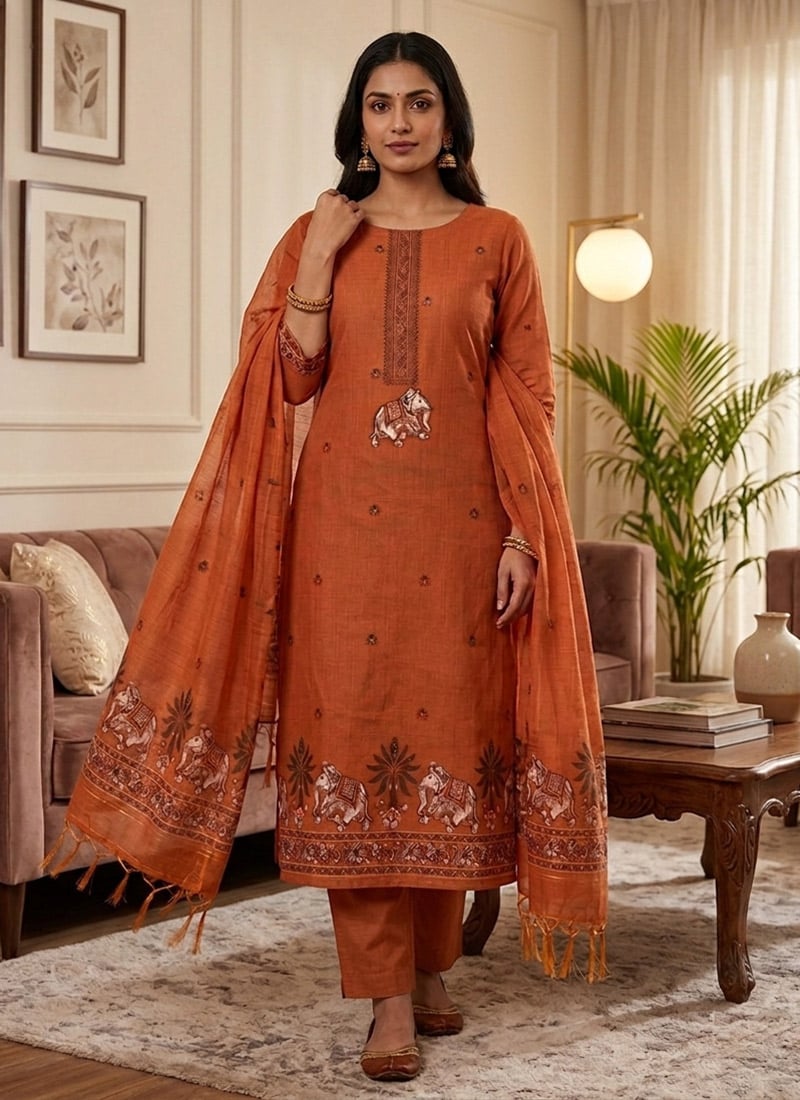 Rust Orange Banarasi Silk Jamdani Pichwai Weaving Straight Pant Suit Leisure Wear