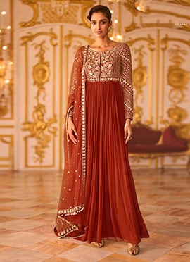 Rust Orange Beads Sequins Embroidered Faux Georgette Anarkali Suit